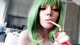 Cute Green Hair Egirl smoking 2 cigarettes at the same time (ask me for full vid)