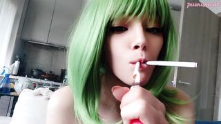 Cute Green Hair Egirl smoking 2 cigarettes at the same time (ask me for full vid)