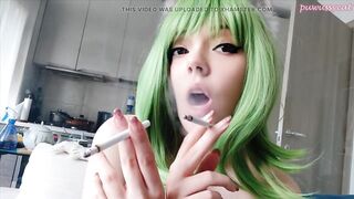 Cute Green Hair Egirl smoking 2 cigarettes at the same time (ask me for full vid)