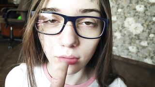 After blowjob, I wiped her face and glasses with a tissue