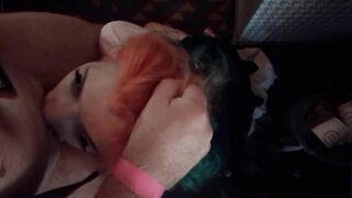 Colored hair slut gags on my cock